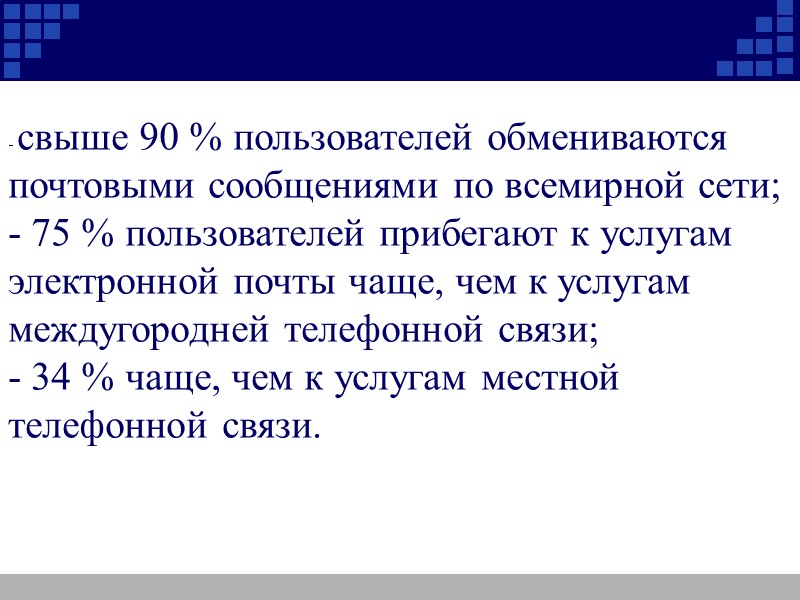 - свыше 90 % пользователей обмениваются почтовыми сообщениями по всемирной сети; - 75 %